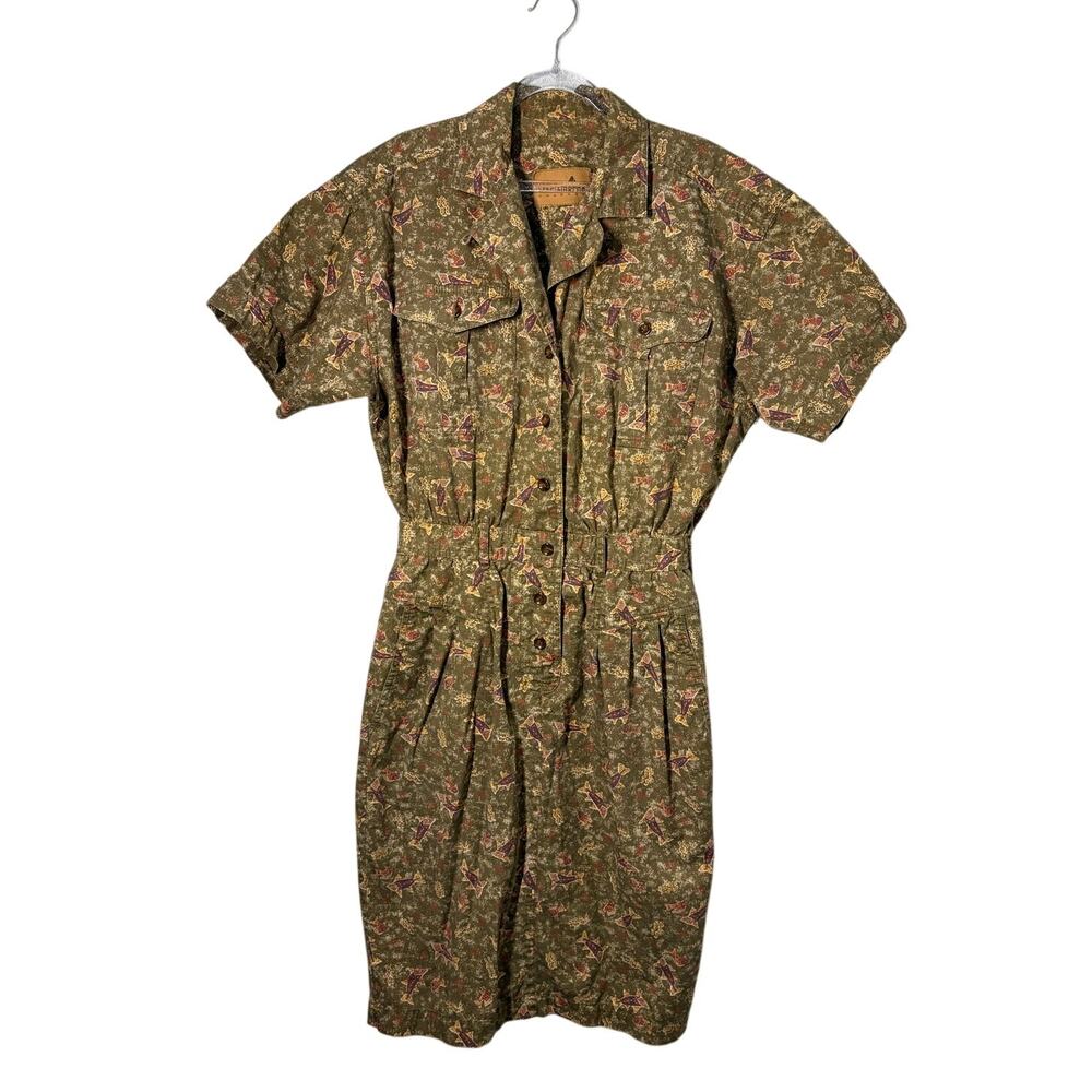 Vintage Liz Claiborne Utility Dress Fish Safari Art to Wear Boho 80's 90's